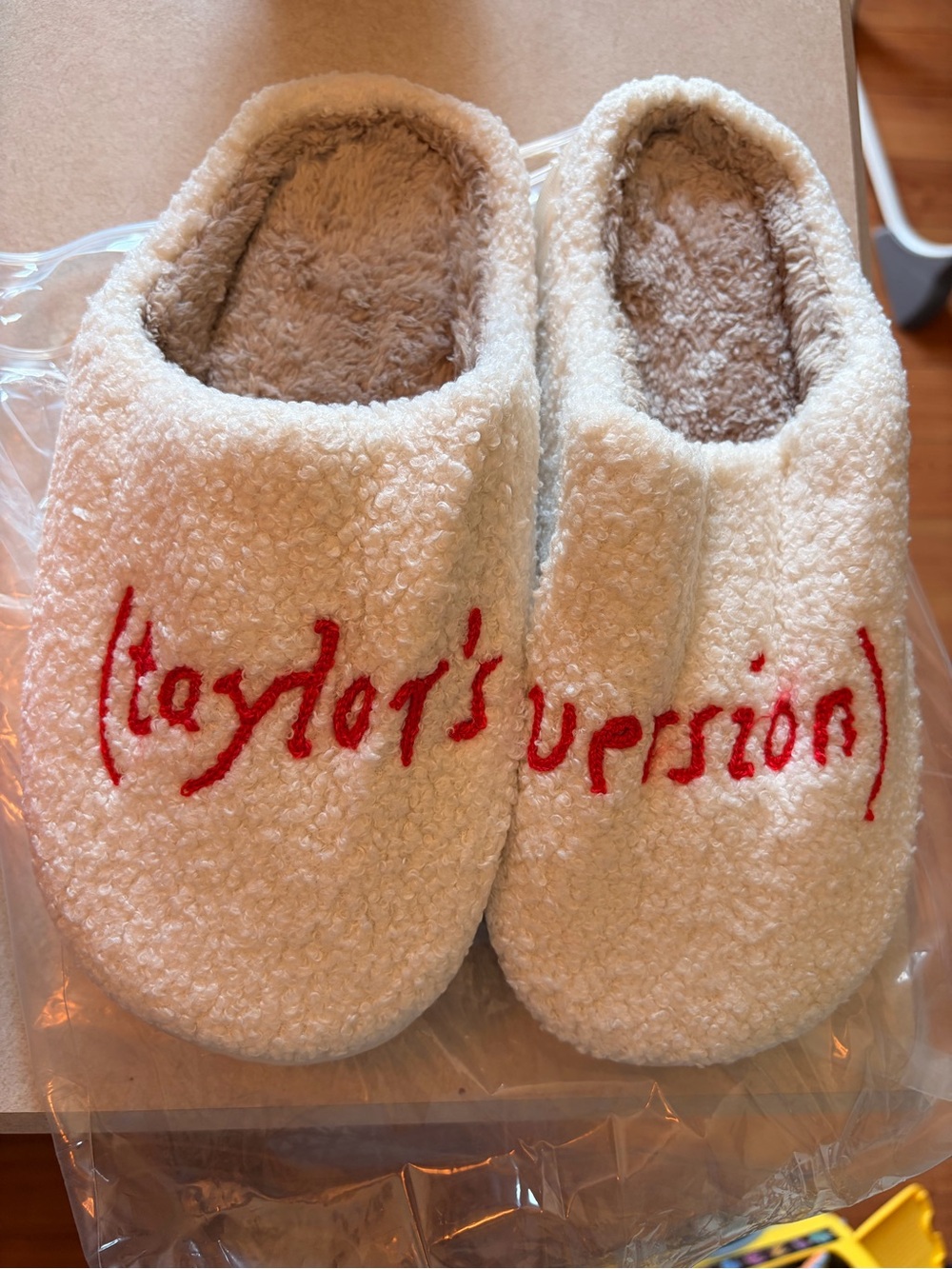 Cream Sherpa Slip-On Slippers with Red Embroidered Script